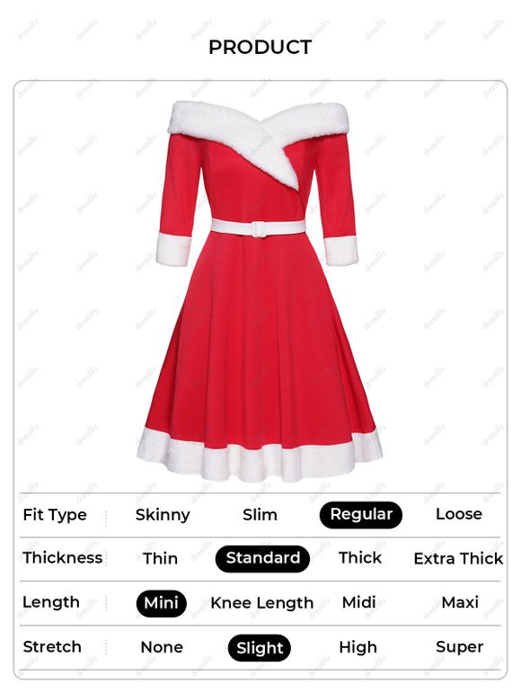 Mini Robe de Noël Ligne A Ceinturée Panneau en Fausse Fourrure à Epaule Dénudée de Noël - Rouge XL