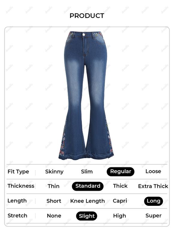 Jean Décontracté Zippé Fleur Brodée Au Lavage Foncé en Denim - Bleu profond M