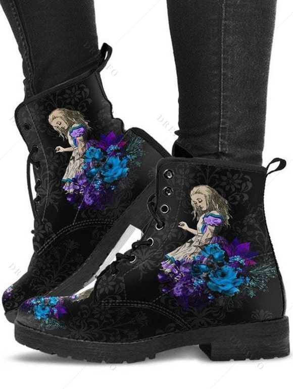 Wonderland Girl Flower Print Lace Up Winter Combat Boots - Noir EU 35