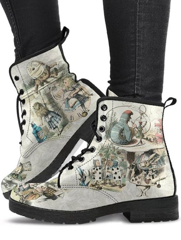 Wonderland Animal Playing Card Print Lace Up Combat Boots - Blanc EU 42