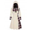 Cable Knit Hooded Dress Plaid Print Panel Mock Button High Waisted Long Sleeve A Line Mini Dress
