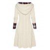 Cable Knit Hooded Dress Plaid Print Panel Mock Button High Waisted Long Sleeve A Line Mini Dress - LIGHT YELLOW XXL