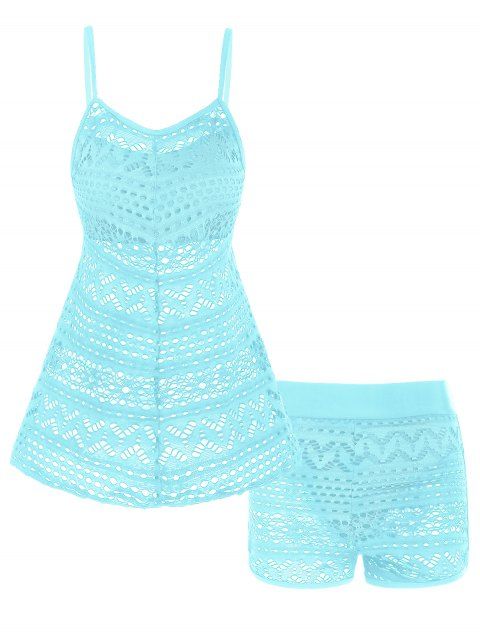 Modest Tankini Swimsuit Sheer Swimwear Laser Cut Out Solid Color Padded Boyshorts Spaghetti Strap Beach Bathing Suit
