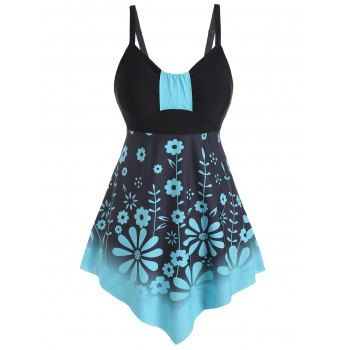 

Tummy Control Tankini Swimsuit Ombre Floral Print Modest Tankini Swimsuit Asymmetric Adjustable Straps Bathing Suit, Green