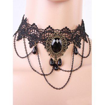 

Lace Choker Hollow Out Floral Chain Faux Gem Vintage Necklace, Black