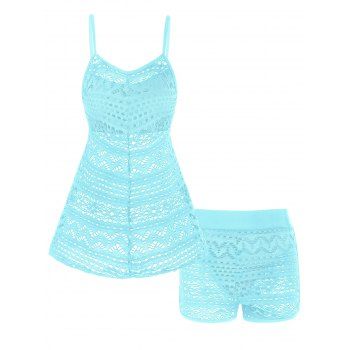 

Modest Tankini Swimsuit Sheer Swimwear Laser Cut Out Solid Color Padded Boyshorts Spaghetti Strap Beach Bathing Suit, Light blue