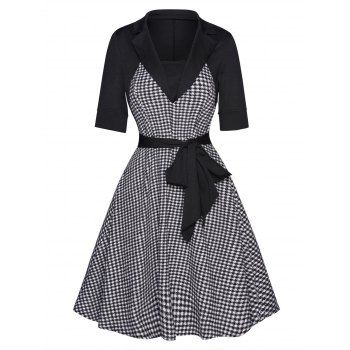 

Plaid Houndstooth Pattern Dress Self Belted Short Sleeve High Waisted A Line Mini Dress, Black