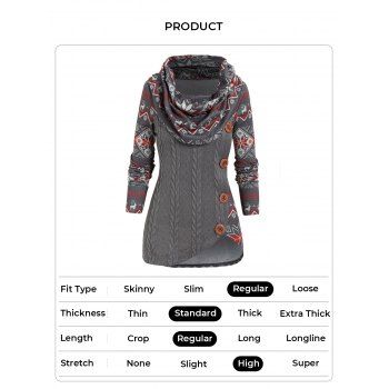 Cable Knit Sweater Elk Snowflake Geometric Print Foldover Asymmetrical Hem Long Sleeve Sweater