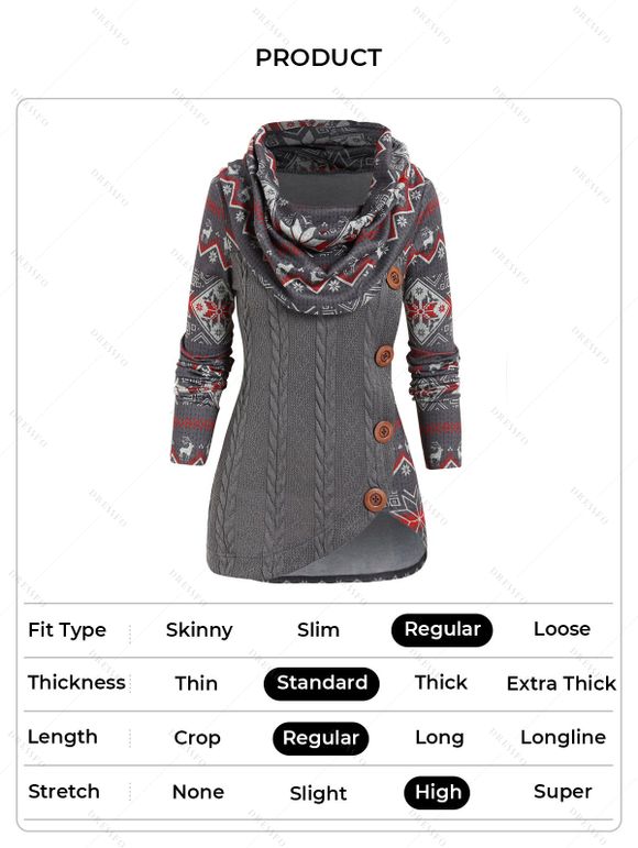 Pull Asymétrique Géométrique à Imprimé Flocon de Neige et Cerf en Tricot à Câble à Manches Longues - Gris S