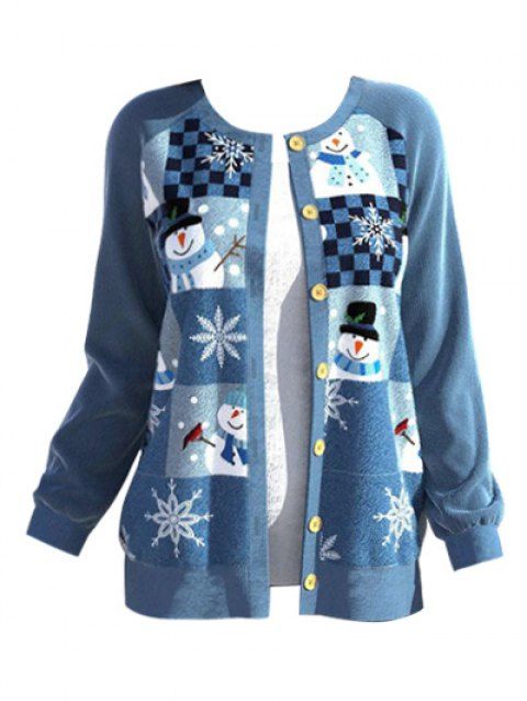 Christmas Cute Snowman Snowflake Checkerboard Print Jacket Raglan Sleeve Button Up Xmas Jacket