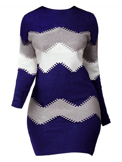 Chevron Print Mini Dress Long Sleeve Round Neck Sheath Dress