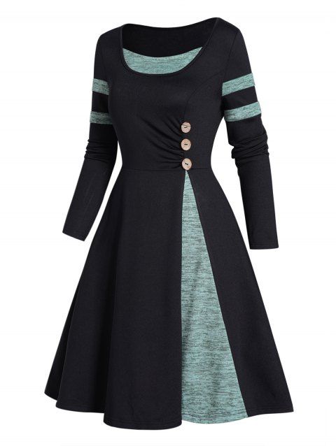 Colorblock Dress Space Dye Godet Mock Button Long Sleeve High Waisted A Line Mini Dress