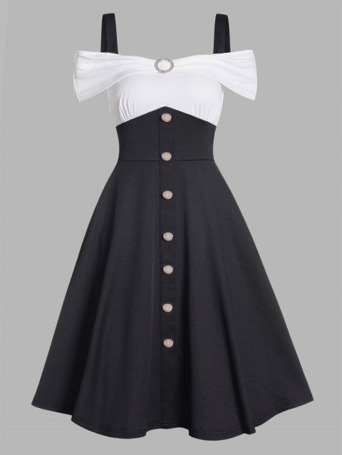 Two Tone Cold Shoulder A Line Dress Mock Button High Waist Short Sleeve Dress