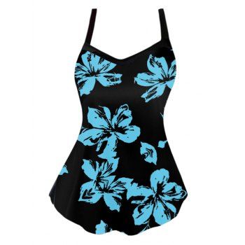 

Modest Tankini Swimsuit Printed Floral Pattern Padded Cut Out Straps Summer Beach Swimwear, Blue