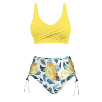 

Vacation Tankini Swimsuit Coconut Tree Lemon Leaf Print Cinched Twisted Mix and Match Summer Swimwear, Yellow