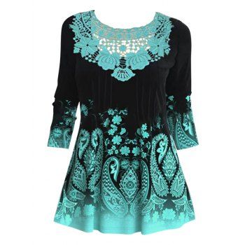 

Flower Paisley Print T Shirt Pintuck Flower Hollow Out Lace Long Sleeve Tee, Green