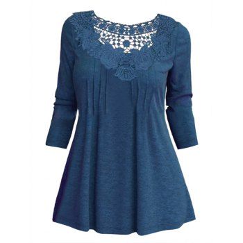 

Solid Color T Shirt Flower Hollow Out Lace Panel Pintuck Long Sleeve Tee, Deep blue