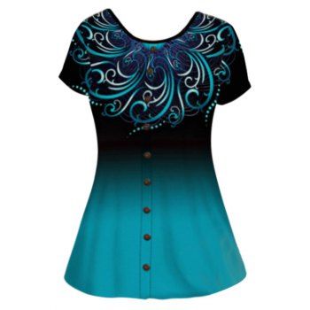 

Tribal Pattern Print Ombre Ethnic T Shirt Mock Button Short Sleeve Casual Tee, Deep green