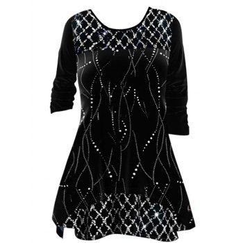 

Contrast Print Panel T Shirt Asymmetric Curve Hem Long Sleeve Tee, Black