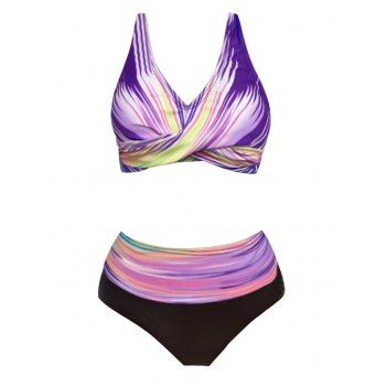 

Colorful Striped Print Bikini Swimsuit Crossover Cut Out Bikini Two Piece Set Adjustable Straps High Leg Bathing Suit, Light purple