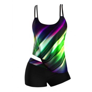 

Tummy Control Tankini Swinsuit Colorful Aurora Print Boyshorts Modest Swimsuit Adjustable Straps Bathing Suit, Green
