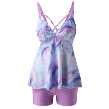 

Modest Tankini Swimsuit Tie Dye Crisscross Cut Out Tummy Control Swimwear Boyshorts Beach Bathing Suit, Light purple