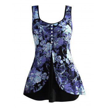 

Floral Printed Mock Button Slit Summer Casual Tank Top, Blue