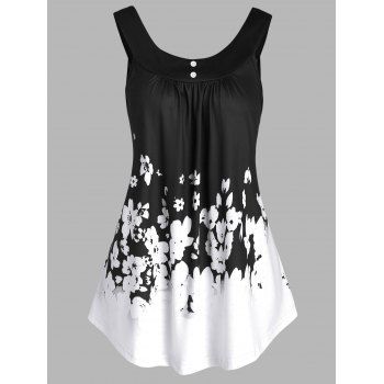 

Casual Tank Top Colorblock Tank Top Flower Print Mock Button Summer Top, Black