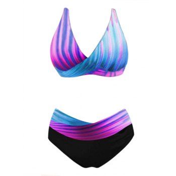 

Colorful Stripe Print Bikini Swimsuit Cut Out Detail Beach Swimwear Set Padded Two Piece Bathing Suit, Purple