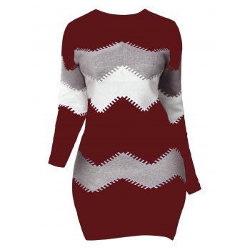 

Chevron Print Mini Dress Long Sleeve Round Neck Sheath Dress, Deep red