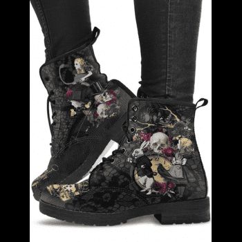 

Non-slip Wonderland Skull Flower Girl Print Gothic Lace Up Boots, Black