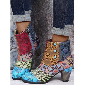 

Tribal Pattern Patchwork Slip On Heeled Ankle Boots, Blue