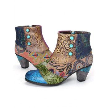 

Tribal Pattern Patchwork Slip On Heeled Ankle Boots, Light coffee