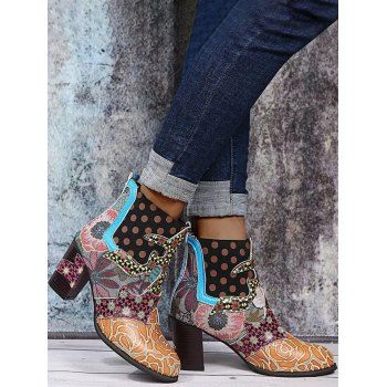 

Tribal Pattern Patchwork Slip On Heeled Ankle Boots, Coffee
