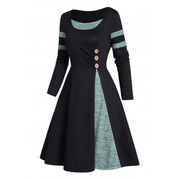 

Colorblock Dress Space Dye Godet Mock Button Long Sleeve High Waisted A Line Mini Dress, Black