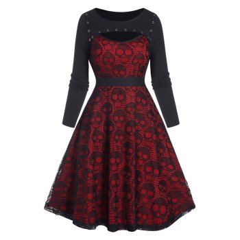 

Skull Lace Panel Long Sleeve Colorblock Gothic Dress Peekaboo Cut Out Grommet Mini Dress, Black
