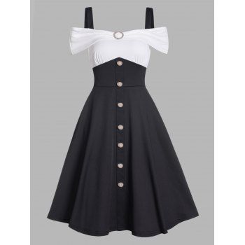 

Two Tone Cold Shoulder A Line Dress Mock Button High Waist Short Sleeve Dress, Black