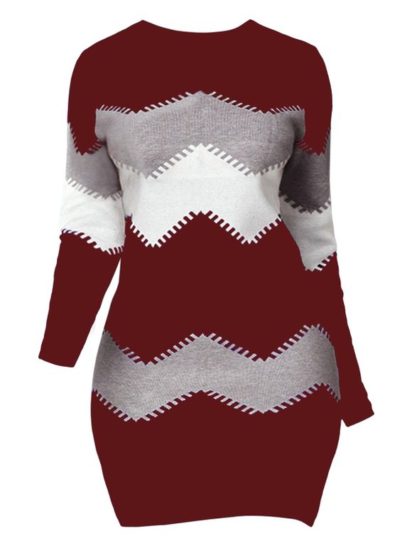 Mini Robe Fourreau à Manches Longues à Col Rond à Imprimé Chevron - Rouge foncé 2XL