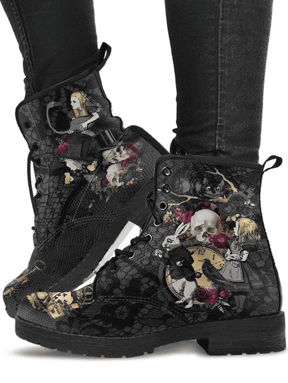 Non-slip Wonderland Skull Flower Girl Print Gothic Lace Up Boots - Noir EU 38