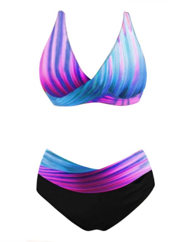 Maillot de Bain Bikini Rayé Coloré Imprimé Détaillé Deux Pièces - Pourpre L