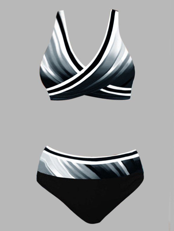 Maillot de Bain Bikini Rayé Coloré Imprimé Détaillé Deux Pièces - Noir XL