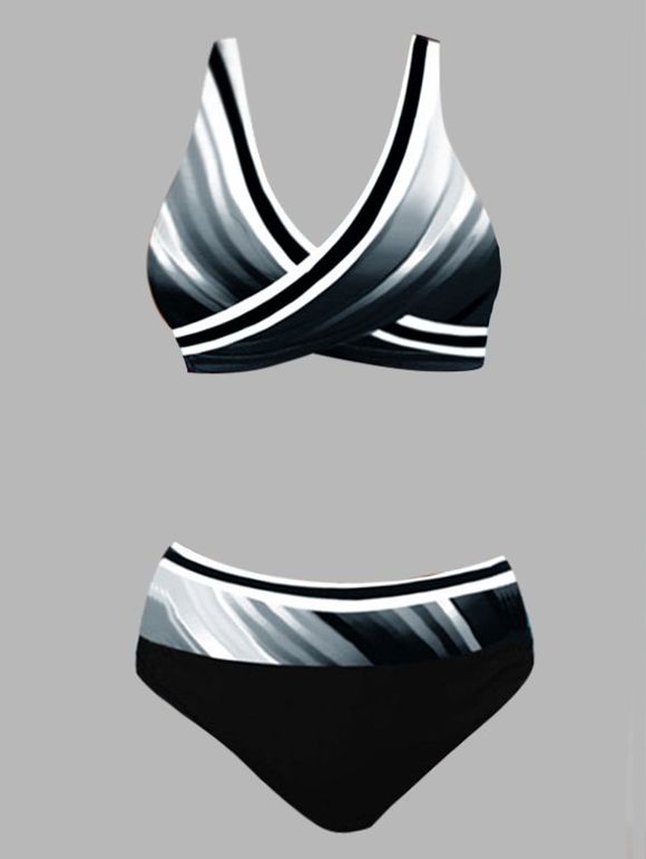 Maillot de Bain Bikini Rayé Coloré Imprimé Détaillé Deux Pièces - Noir S