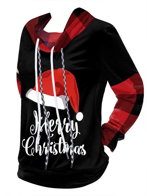 Sweat-shirt à Imprimé Carreaux Merry Christmas à Chapeau de Noël à Col Bénitier - multicolor A XL