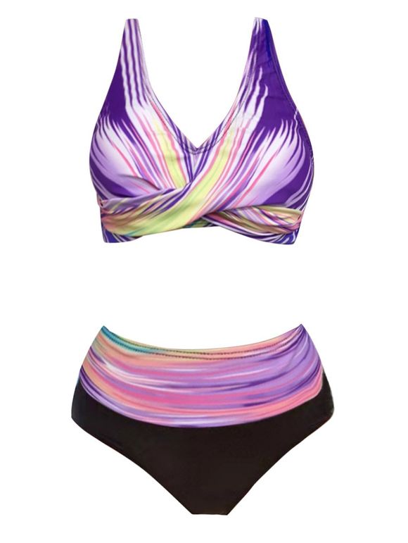 Colorful Striped Print Bikini Swimsuit Crossover Cut Out Bikini Two Piece Set Adjustable Straps High Leg Bathing Suit - LIGHT PURPLE L