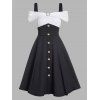 Two Tone Cold Shoulder A Line Dress Mock Button High Waist Short Sleeve Dress - BLACK S