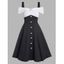 Two Tone Cold Shoulder A Line Dress Mock Button High Waist Short Sleeve Dress - BLACK S