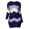 Chevron Print Mini Dress Long Sleeve Round Neck Sheath Dress - multicolor A M
