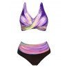 Maillot de Bain Bikini Bandeau Croisé Rayé Coloré Imprimé à Jambe Haute Deux Pièces - Violet clair S
