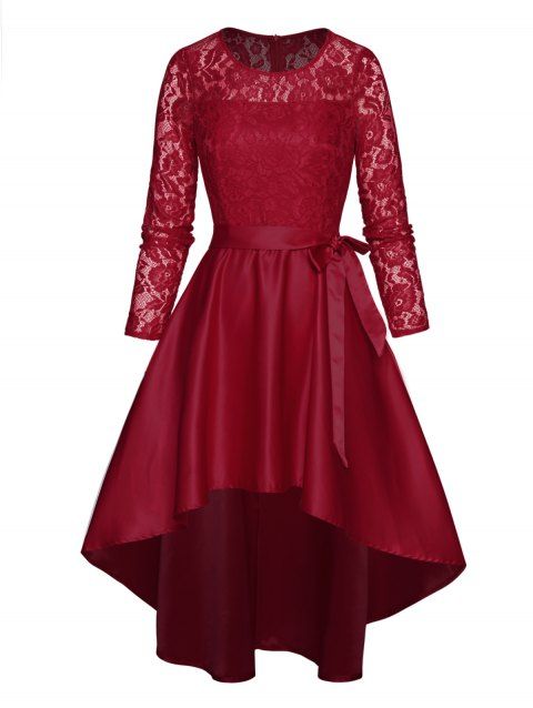 Plain Color Dress Flower Lace Dress Long Sleeve Belted High Waisted High Low Midi Party Dress