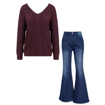 

Artificial Pearl Back Twisted Drop Shoulder Sweater And Dark Wash Frayed Hem Flare Jeans Casual Outfit, Deep red